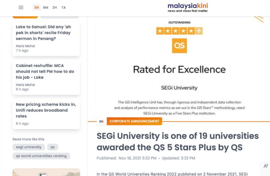 SEGi University is one of 19 universities awarded the QS 5 Stars Plus by QS