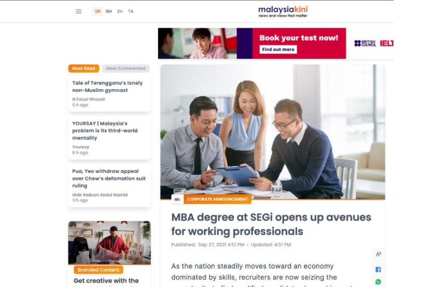 MBA degree at SEGi opens up avenues for working professionals